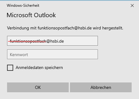Outlook: Falsche Anmeldung mit Adresse des Funktionsopostfachs