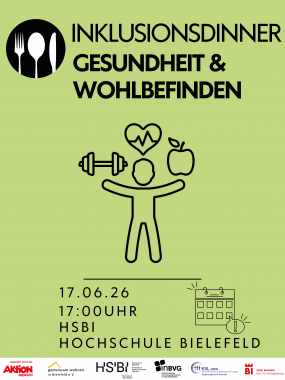 Poster mit dem Schriftzug Inklusionsdinner Gesundheit und Wohlbefinden