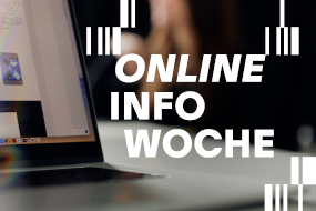 Bild eines aufgeklappten Laptops mit dem Schriftzug Online Info Woche darüber