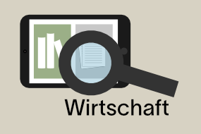Tablet mit Lupe und Schriftzug Wirtschaft