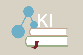 Zwei gestapelte Bücher, darüber der Schriftzug KI und ein Graph