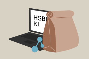 Grafik mit einer Papiertüte und einem aufgeklappten Laptop mit dem Schriftzug HSBI KI