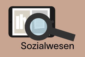 Tablet mit Lupe und Schriftzug Sozialwesen