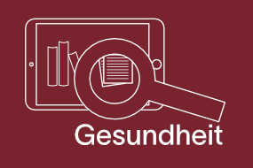 Tablet mit Lupe und Schriftzug Gesundheit