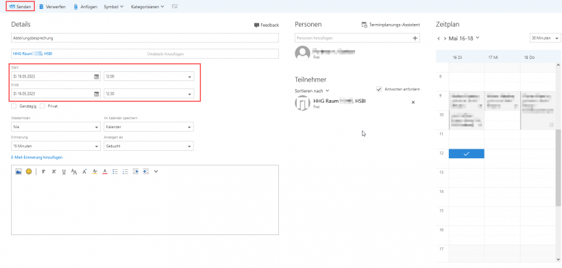 Webmail: Besprechungsdetails