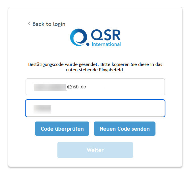 Eingabe Bestätigunsgcode