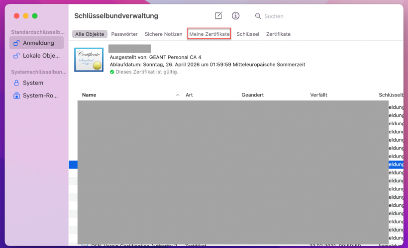 Meine Zertifikate auswählen