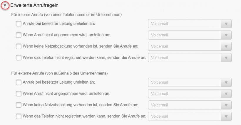 Screenshot: Auswahlfeld für die Rufumleitungen, hier erweiteret Anrufregeln