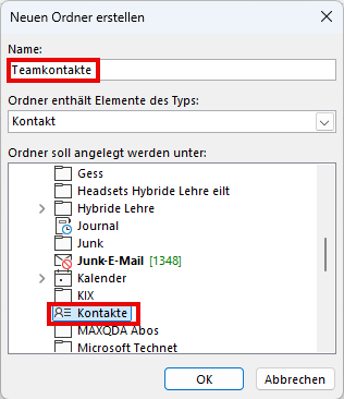 Benennung des Kontaktordners und Erstellung unterhalb Kontakte