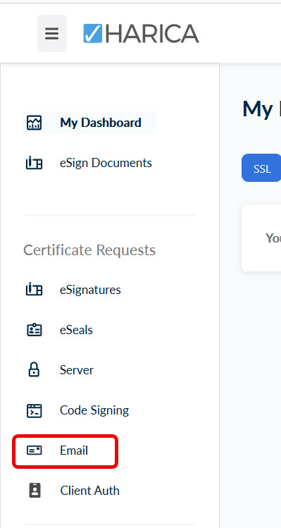 Harica Dashboard: Email auswählen