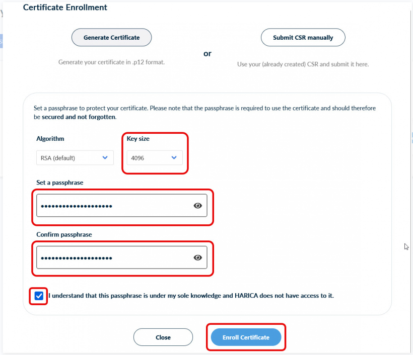Harica: Zertifkat mit Passwort versehen