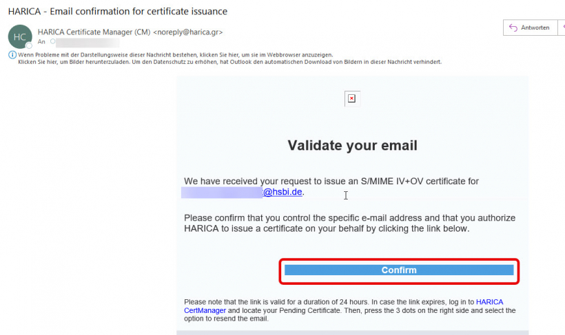 Harica: E-Mail-Adresse bestätigen