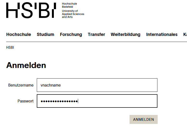 Authentifizierungsseite der Hochschule Bielefeld