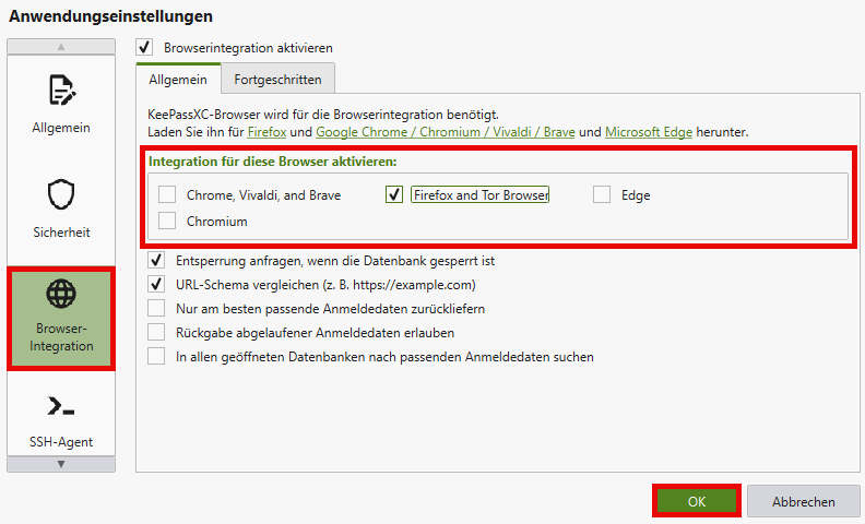 Integegration für diese Browser aktivieren