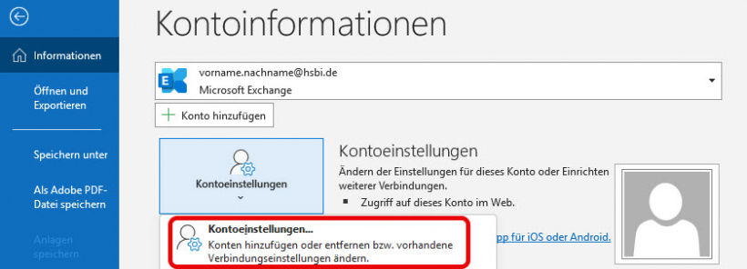 Outlook: Kontoeinstellungen aufrufen