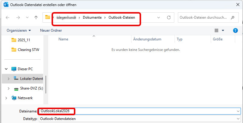 Outlook: Neue Datendatei anlegen