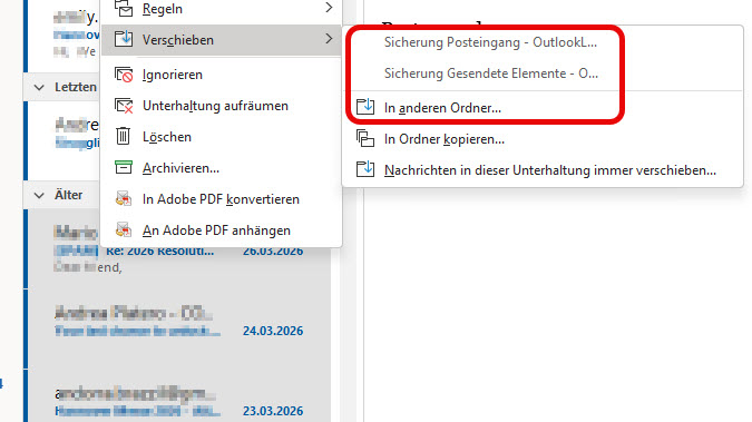 Outlook: Zielordner zum verschieben auswählen