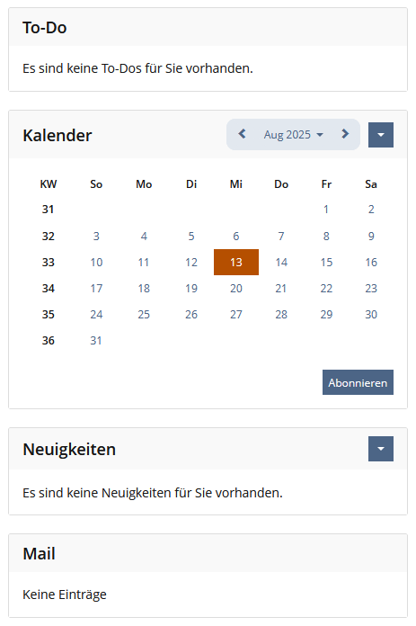 Kalender, Neuigkeiten und Mails auf dem Dashboard