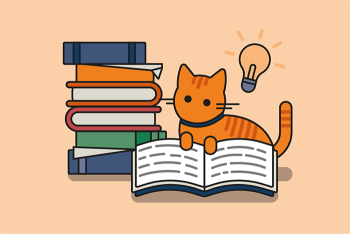 Eine stilisierte orangene Katze mit dunkleren Streifen und einem blauen Halsband liegt auf dem Boden und liest in einem Buch. Über ihr erkennt man eine leuchtende Glühbirne, links neben ihr auf dem Bild sieht man einen hohen Stapel aus bunten Büchern