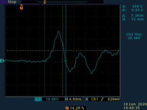 Oszilloskop-Aufnahme des Spannungsimpulses des Marx-Generators