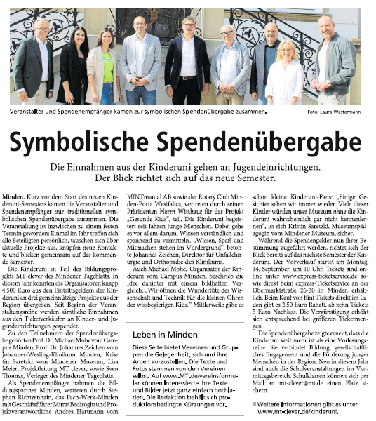 Mindener Tageblatt 10.9.2026 - Symbolische Spendenübergabe