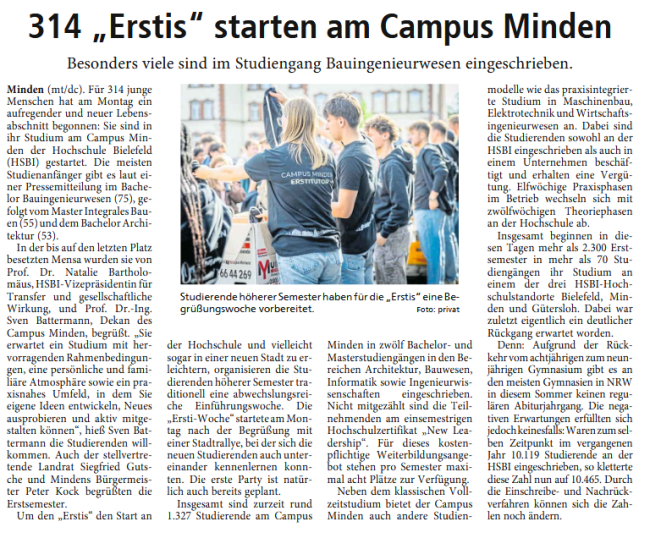 Mindener Tageblatt 29.9.2026 - 314 'Erstis' starten am Campus Minden