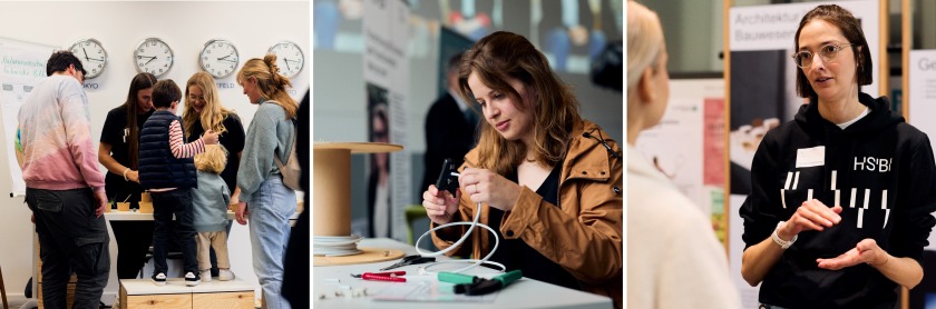 eine Collage aus drei Bildern dei verschiedene Motive beim Tag der offenen Tür der HSBI zu sehen sind von links nach rechts eine Gruppe, die mit zwei Kindern im Mittelpunkt eine Frau die mit einer Isolierzange an einem Kabel arbeitet und eine Beratungssi