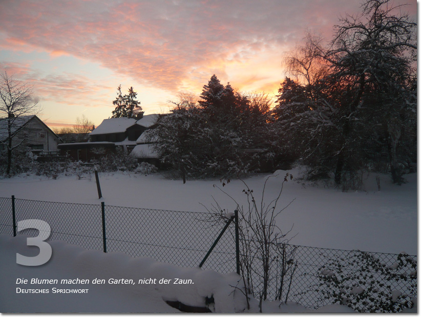 Bild des dritten Adventskalendertürchens: Winterlandschaft bei Sonnenuntergang; Deutsches Sprichwort: Die Blumen machen den Garten, nicht der Zaun.