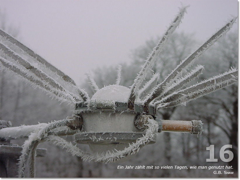 Bild des sechzehnten Adventskalendertürchens: ein Pyrradiometer mit Vogelschutz (Messgerät zur Wärme-Strahlungsmessung) im Forschungseinsatz; Zitat von G.B. Shaw: Ein Jahr zählt mit so vielen Tagen, wie man genutzt hat.