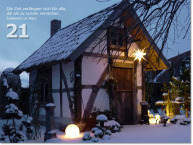 Bild des 21. Adventskalendertürchens: Verschneites Haus; Zitat von Leonardo da Vinci: Die Zeit verlängert sich für alle, die sie zu nutzen verstehen.