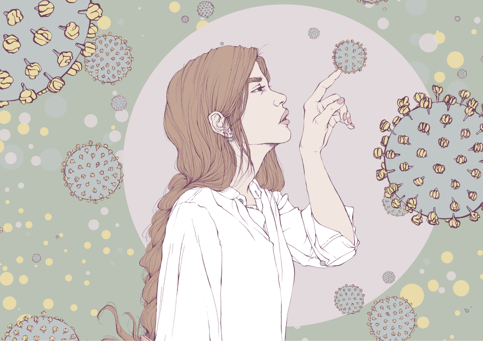 Eine Zeichnung von einer Frau die von Coronaviren umgeben ist