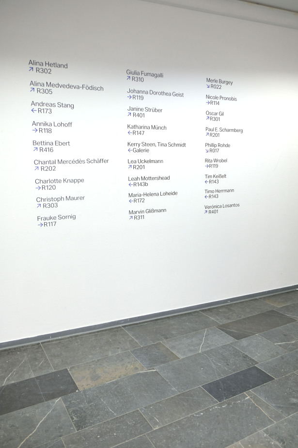 Eine Wand an der verschiedene Namen und Titel der Abschlussarbeiten stehen.