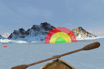 Eine Ansicht aus dem Videospiel aus Sicht des SPielenden, der in einem Holzboot mit einem Paddel auf einem See sitzt. Im Hintergrund sieht man farbige Punkte auf der Wasseroberfläche