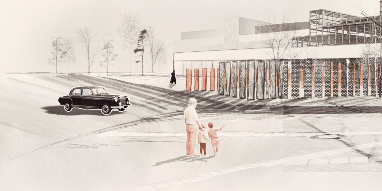 Eine Zeichnung des Haupteingangs am Berliner Bahnhof Südkreuz