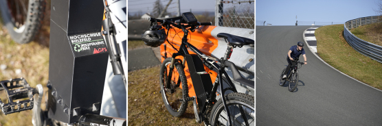 drei Fotos: nahaufnahme auf ein Schild von dem Fahrrad, von dem gesamten Fahrrad und Rene Rasche fährt mit dem Rad auf der Strecke dem fahrrad sitzt