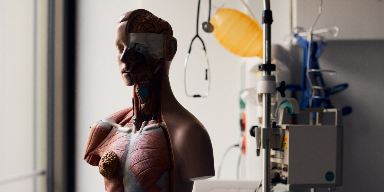 Im Skillslab steht eine Oberkoerperpuppe auf einem Tisch. Man kann Muskeln an der Puppe erkennen