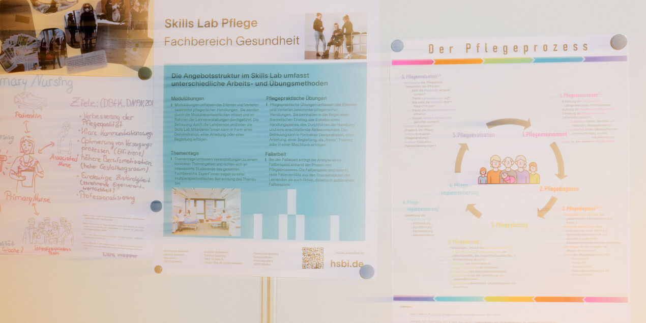 Auf einer Tafel haengen verschiedene Poster zum Skills Lab an der HSBI.