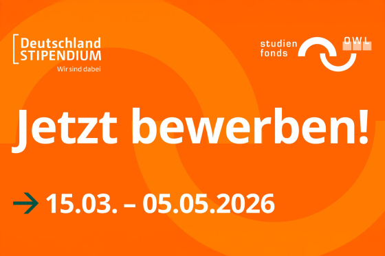 Eine Grafik mit dem Text Jetzt bewerben und dem Logo vom Studienfonds OWL