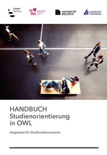 Das Titelbild des Handbuchs mit den Logos der Hochschulen und dem Schriftzug Handbuch Studienorientierung in OWL Angebote für Studieninteressierte