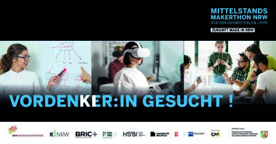 Das Veranstaltungsfoto des Makerthons mit dem Schriftzug Vordenker:in gesucht!