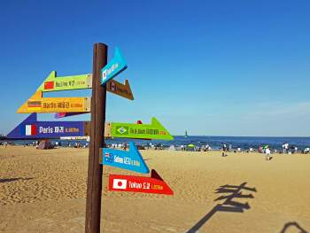 Ein Wegweiser mit bunten Schildern an einem Strand
