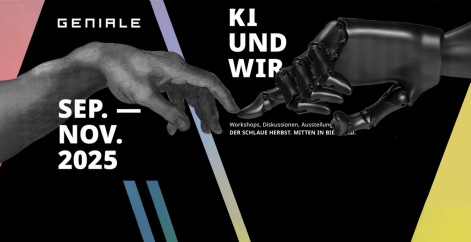 Grafik: eine menschliche Hand und eine Roboterhand berühren sich lesen kann man KI und wir Geniale September bis November