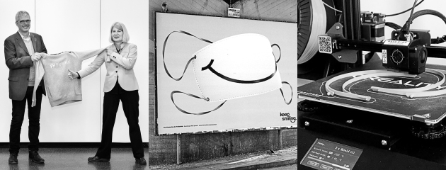 Collage aus drei Bildern: links Klausur in der Stadthalle, mitte Plakat mit Masken-Smiley, rechts 3D-Drucker